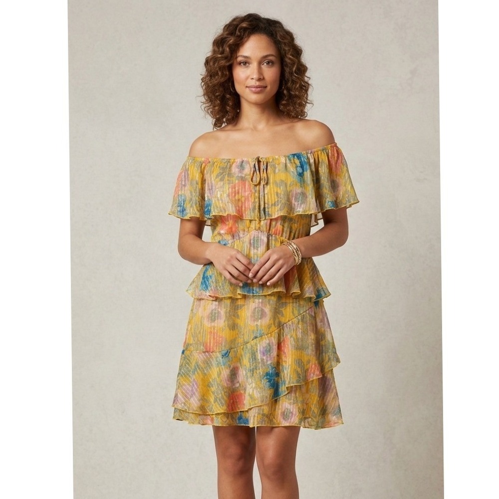 Cato Yellow Floral Metallic Stripe Tiered Ruffle Off Shoulder Dress Large NEW